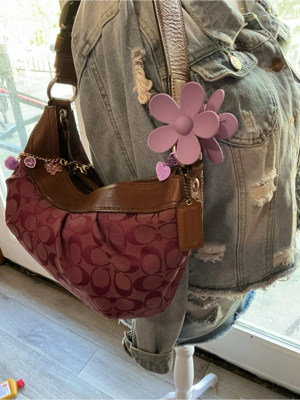 Coach Plum Signature Hobo with Brown Trim and Floral Charm